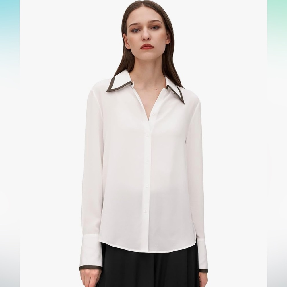 LilySilk Mulberry Silk 100% Contrast Piping Silk Willow Shirt Size S